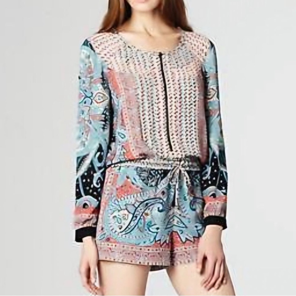 BCBGMaxAzria Pink and Blue Graphic Long Sleeve Jumpsuit